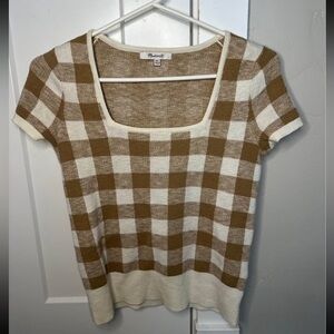 Madewell Brown and Cream Checkered Short Sleeve knit Top